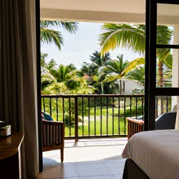Caribbean Holidays, Cheap Jamaica October, Comfortable Jamaican hotel room opening onto a balcony with a tropical garden and bright October sunshine