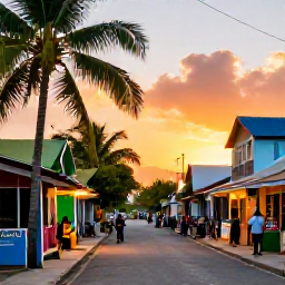 Caribbean Holidays, Cheap Jamaica September, A colourful Jamaican street scene at sunset with reggae music, local shops and relaxed travellers