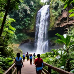 Caribbean Holidays, Cheap Jamaica September, A scenic Jamaican waterfall surrounded by lush green forest, with visitors walking along a natural path