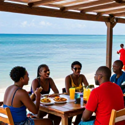 Caribbean Holidays, Cheap Jamaica September, Visitors enjoying a Jamaican beach caf&eacute; beside calm blue sea, with local food and a friendly island atmosphere