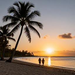Caribbean Holidays, Cheap January Antigua, Golden sunset over an Antigua beach with a couple walking beside the water and palm silhouettes