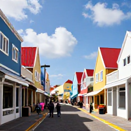 Caribbean Holidays, Cheap January Aruba, A colourful Oranjestad street in Aruba with Dutch-Caribbean buildings, local shops and people exploring in warm sunshine