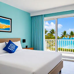 Caribbean Holidays, Cheap January Aruba, An affordable Aruba hotel room near the beach, with bright Caribbean decor, a balcony and a view of palm trees