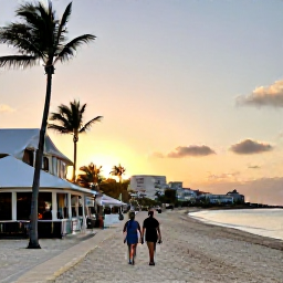Caribbean Holidays, Cheap January Aruba, Visitors walking along Palm Beach in Aruba at sunset, with restaurants, hotels and Caribbean sea views