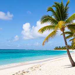Caribbean Holidays, Cheap January Bahamas, Bright turquoise sea, white sandy beach and palm trees on a sunny January morning in The Bahamas