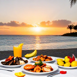 Caribbean Holidays, Cheap January Bahamas, Outdoor table with fresh Bahamian seafood, tropical fruit and a relaxed waterfront view at sunset