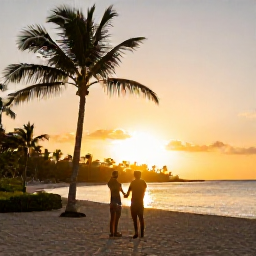 Caribbean Holidays, Cheap January Barbados, Barbados sunset over the coast with warm golden light, palm trees and a couple enjoying an affordable Caribbean holiday