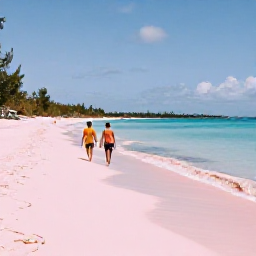 Caribbean Holidays, Cheap January Bermuda, A relaxed Bermuda beach scene in January with pink sand, calm blue sea and a couple walking along the shoreline