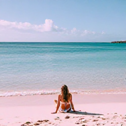 Caribbean Holidays, Cheap January Bermuda, Traveller relaxing on Horseshoe Bay beach in Bermuda, with pink sand, calm turquoise sea and winter sunshine