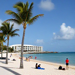 Caribbean Holidays, Cheap January Cayman, Budget-friendly Cayman Islands holiday scene with a modest beachfront hotel, palm trees and travellers enjoying a sunny January morning