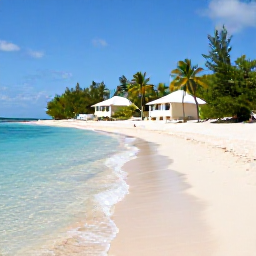 Caribbean Holidays, Cheap January Cayman, Quiet sandy beach in the Cayman Islands with clear shallow water, palm trees and a simple affordable beachfront hotel nearby