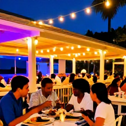 Caribbean Holidays, Cheap January Cayman, Relaxed Cayman Islands evening with local food at an outdoor restaurant, colourful lights and a warm Caribbean atmosphere