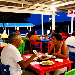 Caribbean Holidays, Cheap January Cura&ccedil;ao, Friendly open-air Cura&ccedil;ao restaurant with local dishes, colourful tables and diners enjoying a warm January evening