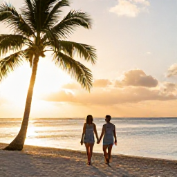 Caribbean Holidays, Cheap January Cura&ccedil;ao, Happy couple walking along a Cura&ccedil;ao beach at sunset with palm trees, warm golden light and calm Caribbean water