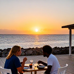 Caribbean Holidays, Cheap January Cura&ccedil;ao, Traveller enjoying a casual outdoor meal and sunset near the coast of Cura&ccedil;ao in January
