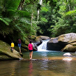 Caribbean Holidays, Cheap January Dominica, Hikers walking through lush Dominica rainforest beside a clear river and a small waterfall