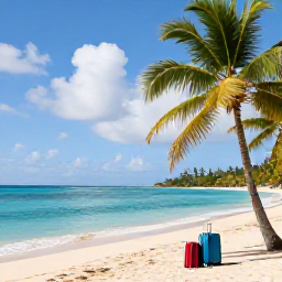 Caribbean Holidays, Cheap January Grenada, Affordable Grenada holiday scene with a welcoming beach hotel, palm trees, luggage and a sunny Caribbean coastline