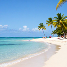Caribbean Holidays, Cheap January Grenada, Bright Caribbean beach in Grenada in January, with calm turquoise water, palm trees and a few relaxed visitors