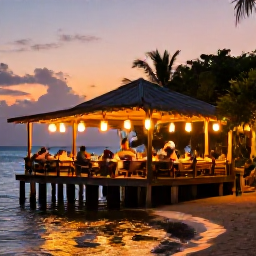Caribbean Holidays, Cheap January Grenada, Relaxed Grenada evening with diners at a small waterfront restaurant, lanterns, tropical foliage and a warm sunset sky