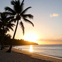 Caribbean Holidays, Cheap January Grenada, Relaxed sunset over a Grenadian beach with palm trees, warm golden light and calm Caribbean sea