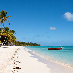 Caribbean Holidays, Cheap January Guadeloupe, A bright Caribbean beach in Guadeloupe in January, with calm turquoise water, white sand, palm trees and a small wooden boat