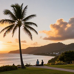 Caribbean Holidays, Cheap January Guadeloupe, A scenic Guadeloupe coastline at sunset, with palm trees, rolling hills and a couple enjoying the view from a quiet lookout