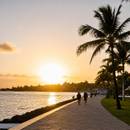 Caribbean Holidays, Cheap January Guadeloupe, Golden sunset over a Guadeloupe seaside promenade with palm trees, calm water and visitors enjoying an evening stroll
