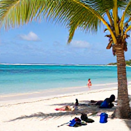 Caribbean Holidays, Cheap January Guadeloupe, Travellers relaxing on a quiet Guadeloupe beach, with snorkelling equipment, shaded palm trees and clear shallow Caribbean sea