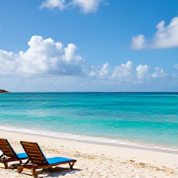Caribbean Holidays, Cheap January Holidays, A bright January morning on a calm Caribbean beach in Saint Martin, with turquoise water, soft white sand and a few relaxed sun loungers
