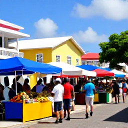 Caribbean Holidays, Cheap January Holidays, A colourful street market in Marigot, Saint Martin, with tropical fruit, local food stalls and visitors browsing in bright sunshine