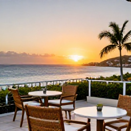 Caribbean Holidays, Cheap January Holidays, A comfortable Caribbean hotel terrace overlooking the sea at sunset on Saint Martin, showing an inviting setting for a January holiday
