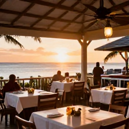 Caribbean Holidays, Cheap January Holidays, A friendly open-air Caribbean restaurant in Grand Case at sunset, with outdoor tables, local dishes and a warm relaxed atmosphere