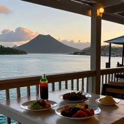 Caribbean Holidays, Cheap January Holidays, A relaxed Caribbean evening in a waterfront restaurant in the United States Virgin Islands, with local food, soft sunset light and harbour views