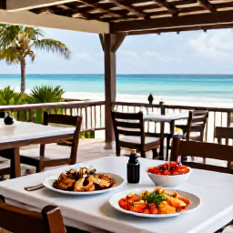 Caribbean Holidays, Cheap January Holidays, A relaxed outdoor Caribbean restaurant in Providenciales, Turks and Caicos, serving fresh local seafood at simple tables