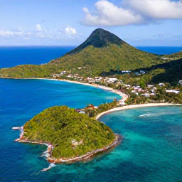 Caribbean Holidays, Cheap January Holidays, Aerial view of the green islands, turquoise sea and small beaches of Saint Vincent and the Grenadines in bright January sunshine