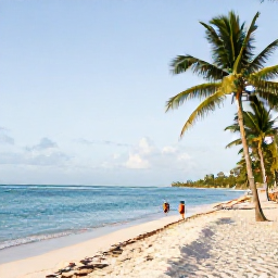 Caribbean Holidays, Cheap January Holidays, Bright January morning on a white sandy beach in Punta Cana, Dominican Republic, with calm turquoise sea, palm trees and a few relaxed holidaymakers