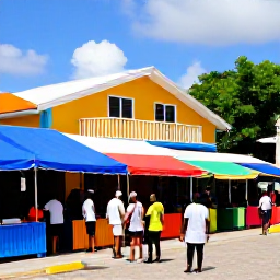 Caribbean Holidays, Cheap January Holidays, Budget-friendly Caribbean holiday scene in Trinidad and Tobago, local restaurant, colourful market stalls and travellers exploring in January