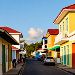 Caribbean Holidays, Cheap January Holidays, Colourful Basseterre street with historic Caribbean buildings, local shops and visitors exploring in warm sunshine