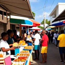 Caribbean Holidays, Cheap January Holidays, Colourful Caribbean market street with local food stalls, friendly vendors and visitors exploring in warm January sunshine