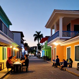 Caribbean Holidays, Cheap January Holidays, Colourful Dominican Republic street with local food, music and friendly evening atmosphere