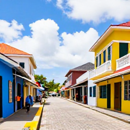 Caribbean Holidays, Cheap January Holidays, Colourful historic streets in Basseterre, Saint Kitts, with colonial buildings, local shops and visitors exploring on foot