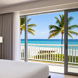 Caribbean Holidays, Cheap January Holidays, Comfortable Caribbean hotel room opening onto a sunny balcony with palm trees and blue sea beyond