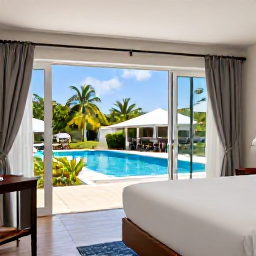 Caribbean Holidays, Cheap January Holidays, Comfortable modest Caribbean hotel room opening towards a sunny pool and palm-lined garden on Saint Kitts
