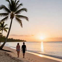 Caribbean Holidays, Cheap January Holidays, Couple walking along a peaceful Caribbean beach at sunset in January, with warm light, calm water and palm trees