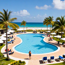 Caribbean Holidays, Cheap January Holidays, Friendly beachfront resort in the Dominican Republic with a swimming pool, palm-lined paths and guests enjoying a sunny January afternoon