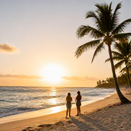 Caribbean Holidays, Cheap January Holidays, Golden evening light over a quiet Dominican Republic beach with palm trees, gentle waves and a couple watching the sunset