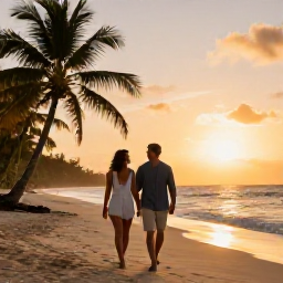 Caribbean Holidays, Cheap January Holidays, Happy couple walking along a Dominican Republic beach at sunset in January, warm golden light and palm trees