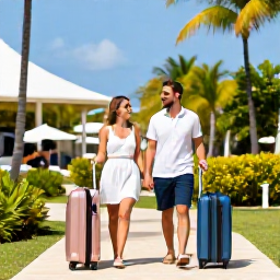 Caribbean Holidays, Cheap January Holidays, Happy couple walking through a sunny Caribbean resort in Saint Kitts, carrying light luggage and enjoying a relaxed budget holiday