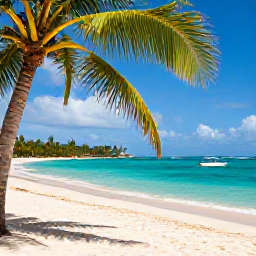 Caribbean Holidays, Cheap January Holidays, Quiet golden beach in Tobago with clear turquoise water, shady palms and a small boat offshore