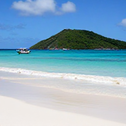 Caribbean Holidays, Cheap January Holidays, Quiet tropical beach on Bequia in the Grenadines with small boats, clear water and green hills in the background